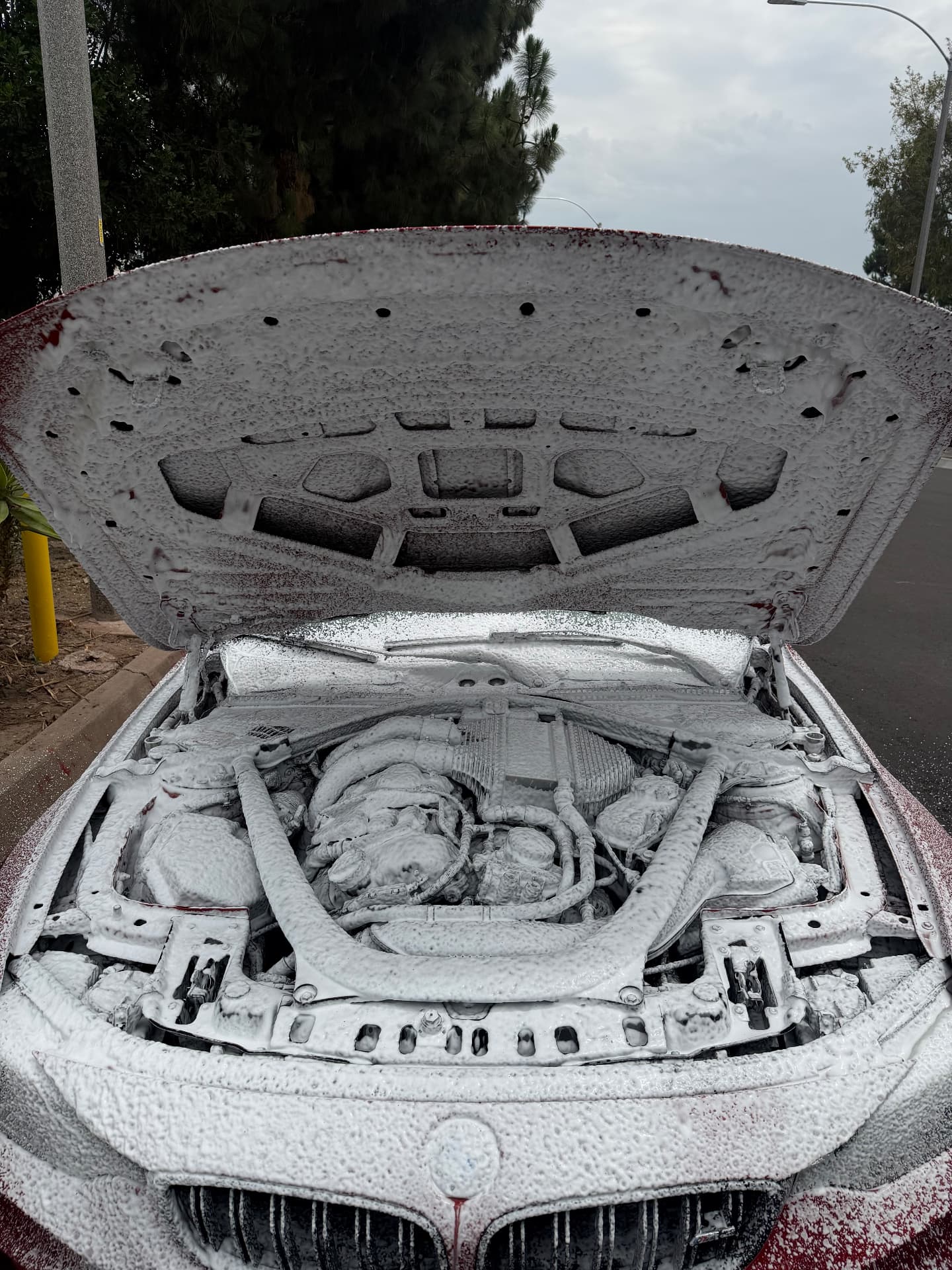 Engine bay foam wash in progress